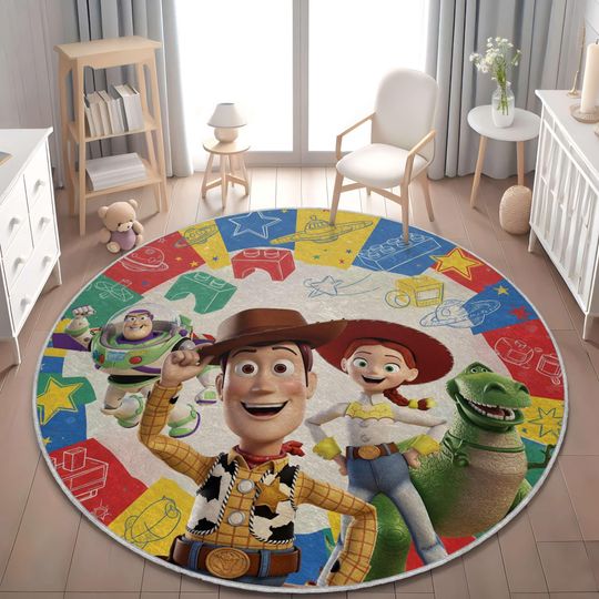 Discover Toy Story Kids Rug, Woody, Buzz, Jessie, Rex - Soft Velveteen Nursery Decor