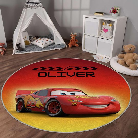 Discover Personalized Lightning McQueen Rug, Kids Room Decor, Custom Name