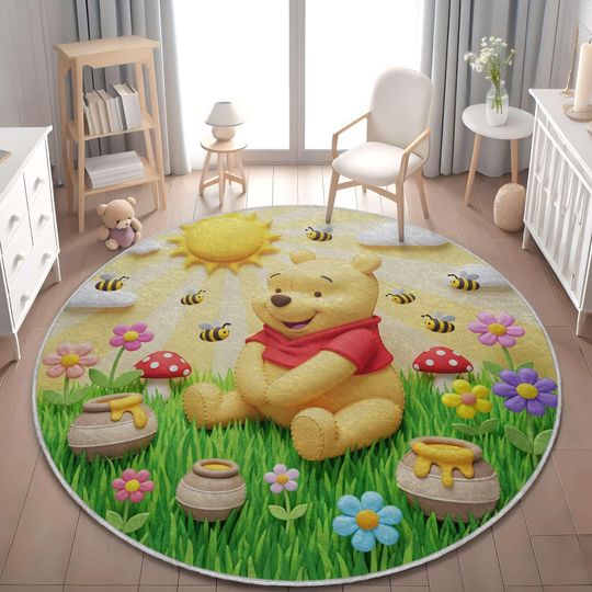Discover Winnie the Pooh Nursery Rug, Round Baby Room Carpet with Bees and Honey Pots