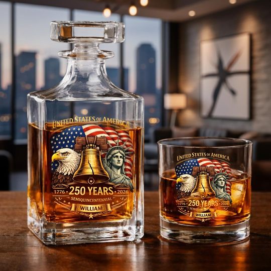 Discover Personalized USA 250th Anniversary Whiskey Decanter Set, 17762026 Eagle & Liberty Bell Glass Bottle, Luxury Collector Patriotic Barware