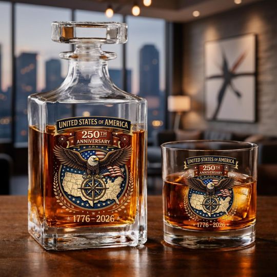 Discover 250th Anniversary Whiskey Decanter Set, American Legacy Patriotic, USA Semiquincentennial Barware, 17762026 Commemorative Bottle & Glasses