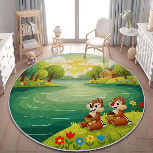 Discover Chip and Dale Round Rug with Forest Lake Scene Adorable Disney Nursery Carpet for Kids Baby, Baby Room, Newborn Gift, Baby Rug