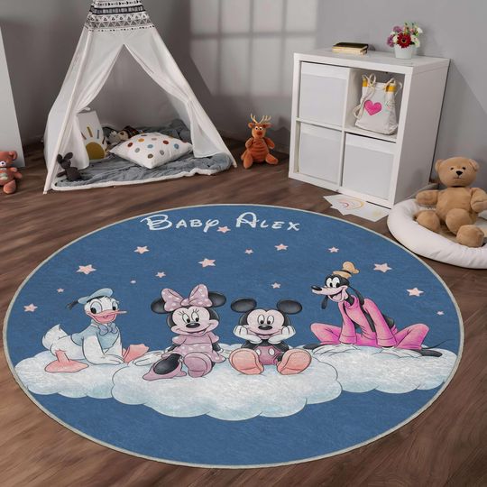 Discover Custom Round Disney Baby Nursery Rug with Mickey Minnie Donald Goofy, Cute Disney Rug, Baby Room, Newborn Gift, Disney Themed Baby Rug