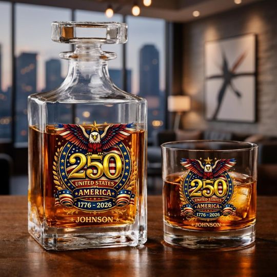 Discover Custom United States 250th Anniversary Whiskey Decanter Set, 17762026 American Eagle Glass Bottle, Patriotic USA Semiquincentennial Gift