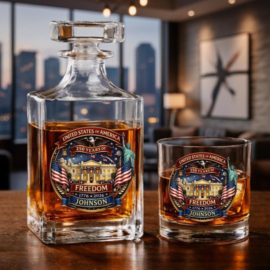 Discover Custom USA 250th Anniversary Whiskey Decanter Set with Patriotic Whiskey Glasses, 17762026 Semiquincentennial Commemorative Barware Gift