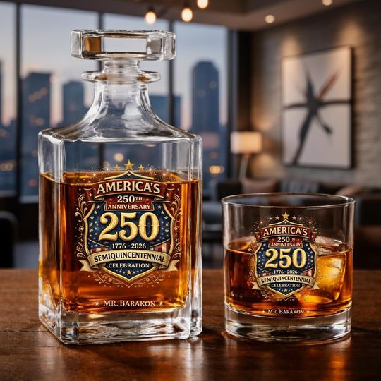 Discover Personalized 250th Anniversary Whiskey Decanter Set, Patriotic America 17762026, Bottle and Glasses, Independence Day Gift for Dad