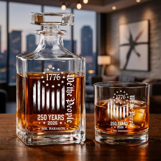 Discover Personalized 17762026 America 250 Years Whiskey Decanter Set, Patriotic Flag Rocks Glass, Semiquincentennial Anniversary Statement Barware