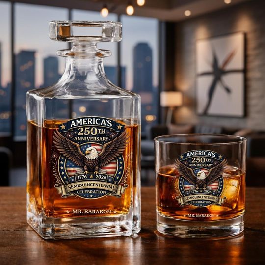 Discover Personalized USA 250th Anniversary Whiskey Decanter Set, 2026 Semiquincentennial Patriotic Eagle Bourbon Glass, Custom Veteran Barware Gift