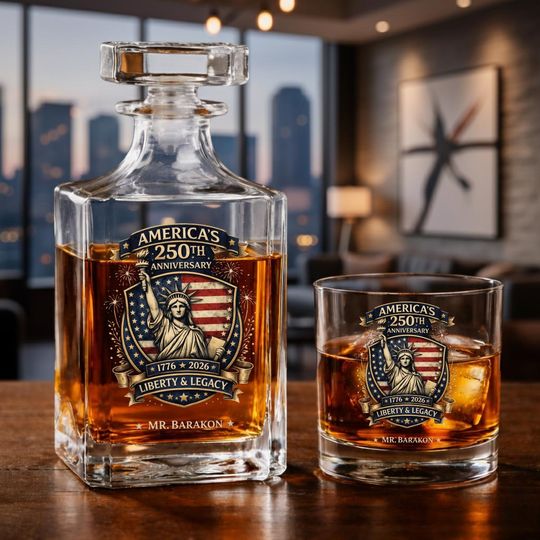 Discover Personalized USA 250th Anniversary Whiskey Decanter Set, 17762026 Patriotic Bourbon Glass, Semiquincentennial Veteran Gift for Men