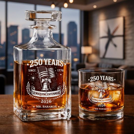 Discover Custom 250 Years Semiquincentennial Whiskey Decanter Set, American Flag Decanter with Glasses, 17762026 USA Anniversary Heritage Gift