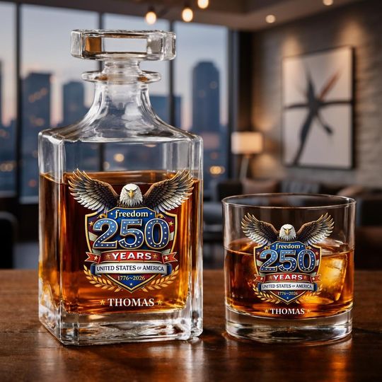 Discover Custom USA 250th Anniversary Whiskey Decanter Set, 17762026 Liberty Bell Bottle with American Eagle, Patriotic Semiquincentennial Gift