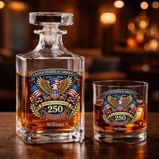 Discover Personalized Name USA 250th Anniversary Whiskey Bottle Set, 17762026 American Eagle Decanter, Patriotic 4th of July Semiquincentennial Gift