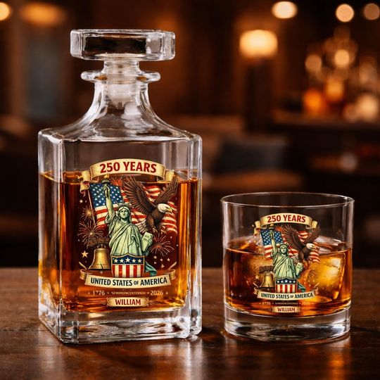 Discover Custom United States 250th Anniversary Whiskey Bottle Set, 17762026 USA 250th Decanter with American Eagle Glass, Patriotic Gift for Him