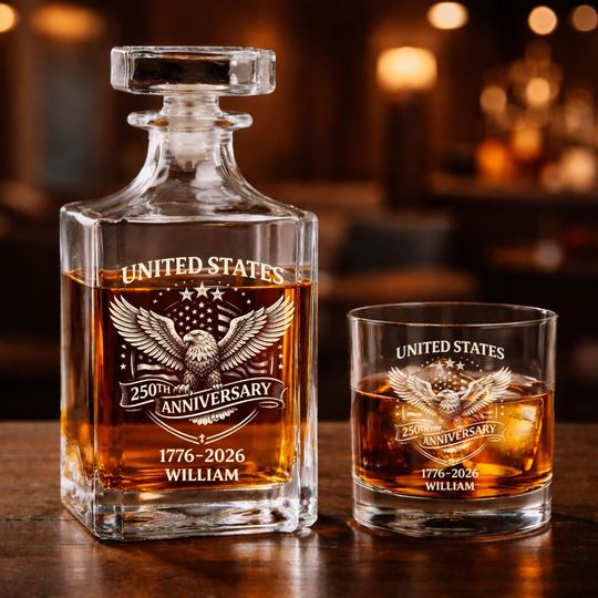 Discover Custom United States 250th Anniversary Printed Whiskey Glass Set, 17762026 Patriotic Eagle Decanter, USA Independence Day Heritage Gift