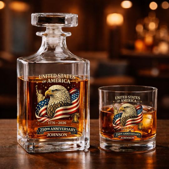 Discover Custom US 250th Semiquincentennial Liberty Bell Whiskey Decanter Set, 250 Years of Freedom, Gift for Fathers Day Veterans and Military Men