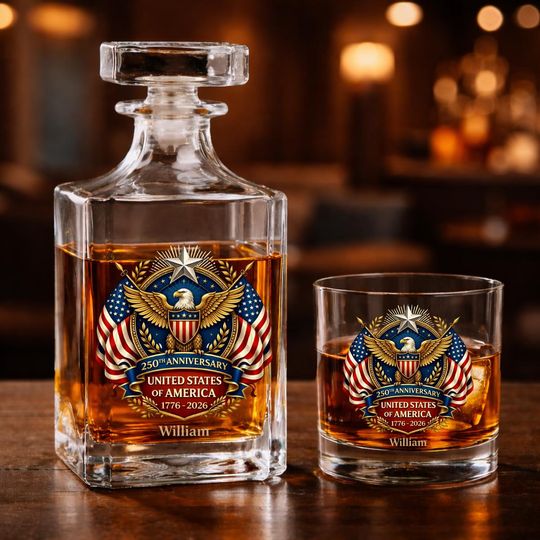 Discover Custom America 250th Semiquincentennial Liberty Bell Whiskey Decanter Set, 250 Years of Freedom, Patriotic 4th of July Glass Bottle Gift
