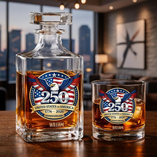Discover 250th Anniversary USA Whiskey Glass Decanter Set, 1776-2026 Liberty Bell Whiskey Bottle, American Eagle Bell Patriotic Gift, Gift Men Father