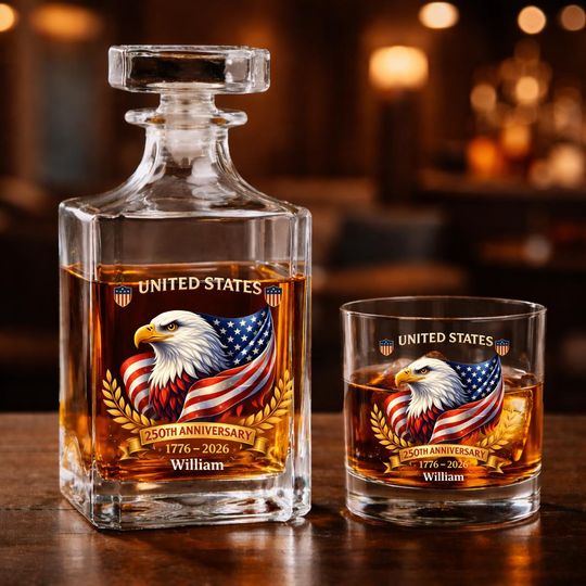 Discover Custom USA 250th Anniversary Whiskey Bottle Set, 17762026 American Eagle Decanter, Patriotic 4th of July Gift, Classic Whiskey Set for Men
