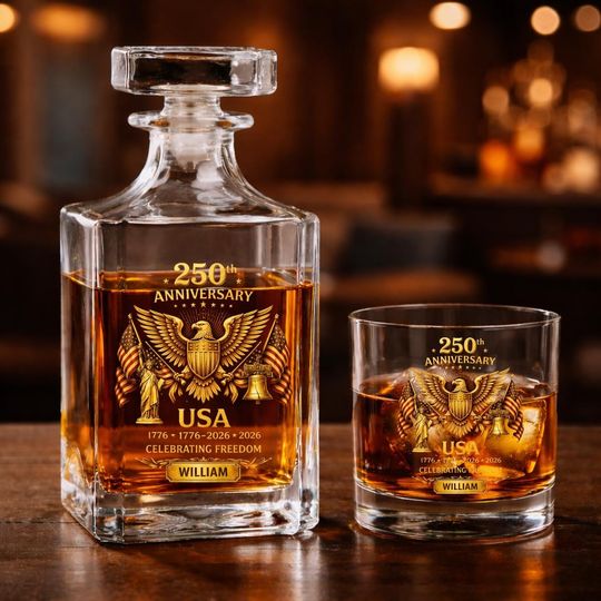 Discover Custom USA 250th Anniversary Whiskey Bottle with Gold Eagle Rocks Glasses, 250 Years American Heritage Barware Set, Luxury Gift for Him