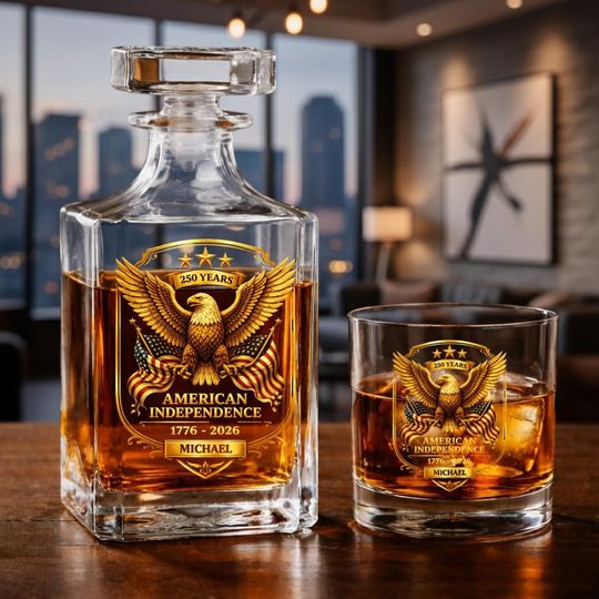 Discover Personalized USA 250th Anniversary Whiskey Bottle Gold Eagle Rocks Glasses, Patriotic American Heritage Barware Set, Meaningful Gift for Him