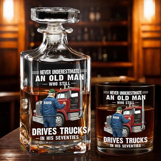 Discover Custom Retired Truck Driver Decanter Set for Dad/ Husband/ Grandpa, Funny Old Man Drives Trucks Gift, Retirement Truck Drivers Wine Glass