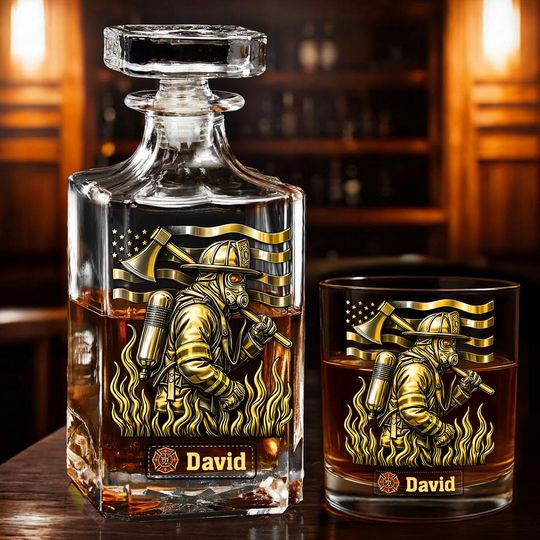 Discover Custom Firefighter Decanter and Glass Set, Personalized Fireman Whiskey Gift, Retirement or Appreciation Gift, Firefighter Themed Whiskey