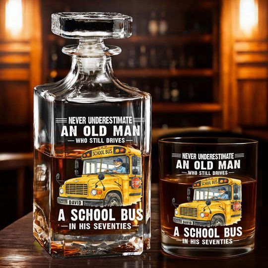 Discover Funny Retired School Bus Driver Gift for Him, Custom Whiskey Decanter & Glass Set, Retirement Gift for Grandpa Dad