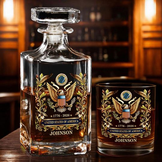Discover Custom Floral United States 250th Anniversary Whiskey Set, Personalized Eagle Decanter & Glass, Patriotic Bourbon Gift for Him/ Her