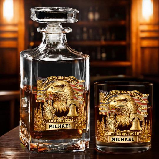 Discover 17762026 USA 250th Anniversary Whiskey Glass Set, American Eagle Decanter, Patriotic Home Bar Decor Gift, Custom USA 250th Anniversary Gift