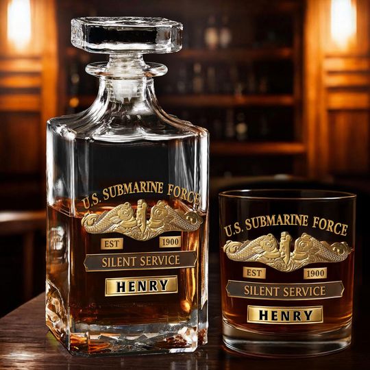 Discover Personalized Navy Submarine Whiskey Set, Silent Service Military Retirement Gift, Custom Submarine Whiskey Decanter and Glass Set