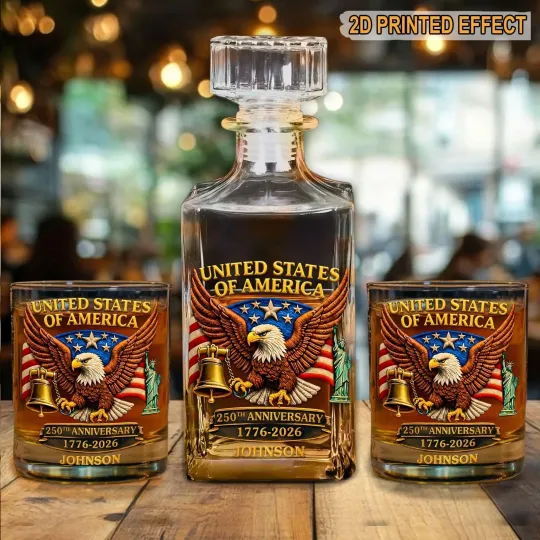 Discover USA 250th Anniversary Whiskey Decanter Set 1776-2026 Patriotic American Eagle Gi