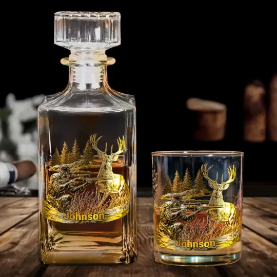 Discover Personalized Hunting Whiskey Decanter Set Deer Hunter Gift for Dad Whiskey Lover