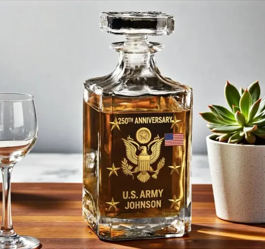 Discover Personalized 250th Anniversary Army Whiskey Decanter Engraved Military Veteran