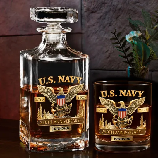Discover U.S. Navy 250th Anniversary Whiskey Decanter Set 1775-2025 Custom Gift USA
