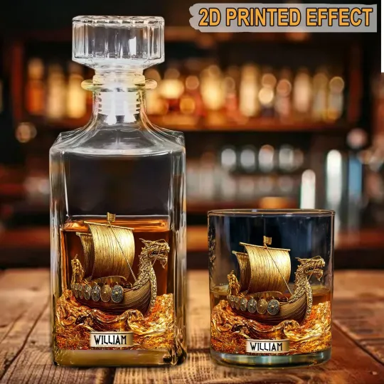 Discover Personalized Viking Dragon Ship Whiskey Decanter Set Custom Bar Gift For Him Dad