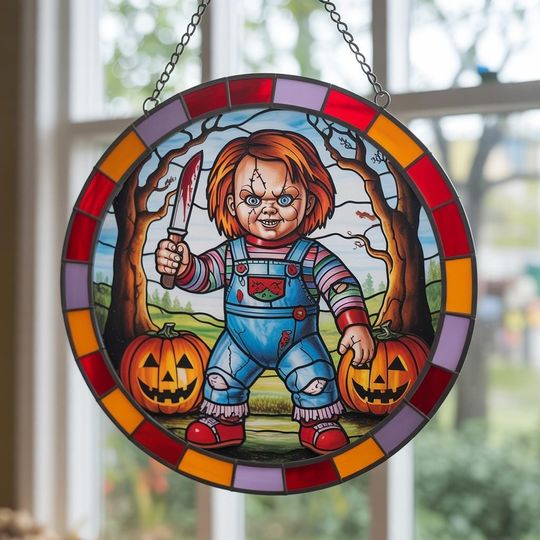 Chucky Stained Glass Suncatcher, Halloween Horror Window Hanging, Child's Play Slasher Decor, Horror Fans Ornament