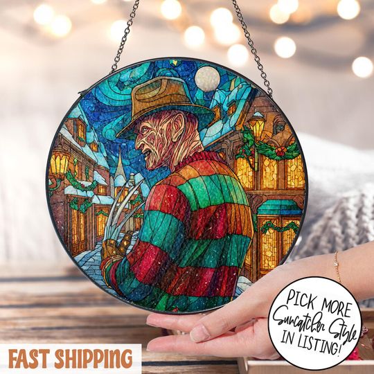 Freddy Krueger Stained Glass Suncatcher - Horror Decor for Christmas Window Hangings