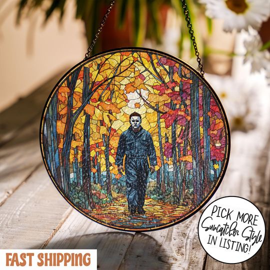 Discover Fall Michael Myers Stained Glass Suncatcher, Halloween Michael Myers Suncatcher, Spooky Halloween Window Hanging Decor, Halloween Ornament