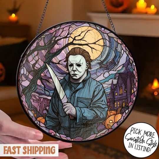 Discover Masked Horror Stained Glass Suncatcher, Creepy Sunset Round Window Hanging, Halloween Slasher Decor, Horror Movie Fan, Horror Movie Art