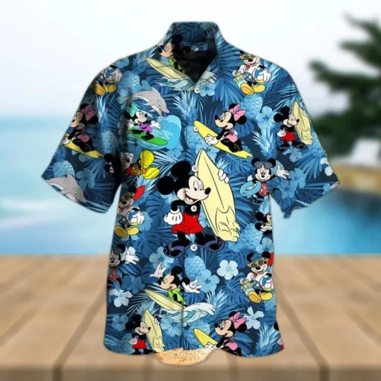 Discover Disney Mickey Mouse Blue Palm Tree Leaves Unisex Hawaiian Shirt