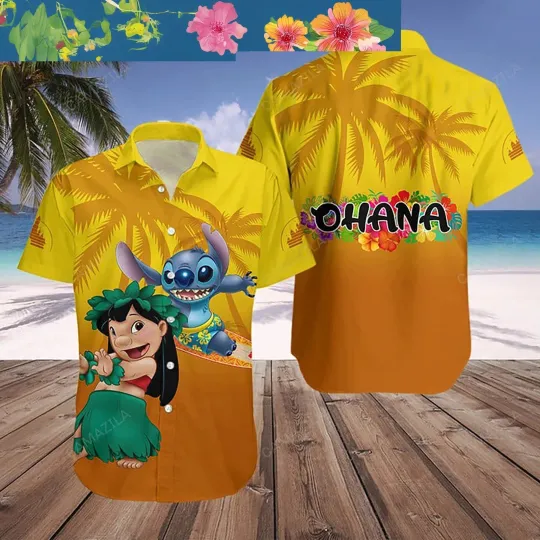 Discover Stich Ohana Walt Disney Orange Yellow Unisex Hawaiian Shirt