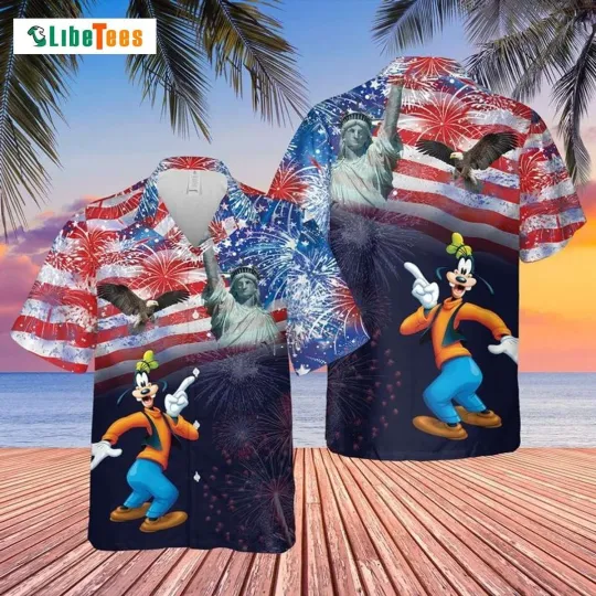 Discover Disney Goofy Dog Celebrates With US Flag Fireworks Aloha Hawaiian Shirt