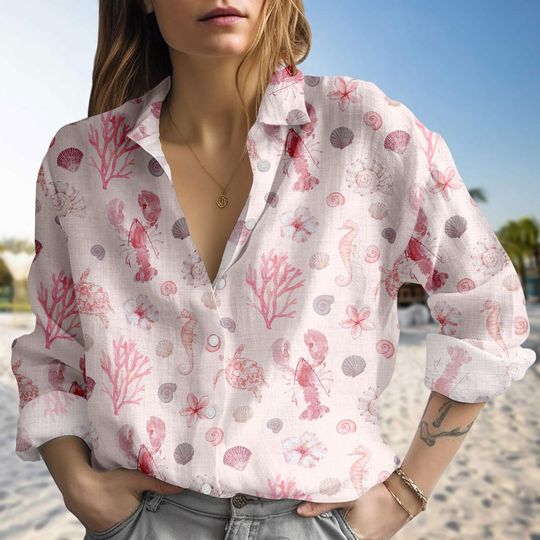 Discover Coral Pink Sea Shell Blouse Shirt, Linen-Look Summer Top for Women, Coastal Ocean Beach Shirt, Mermaidcore Women's Blouse
