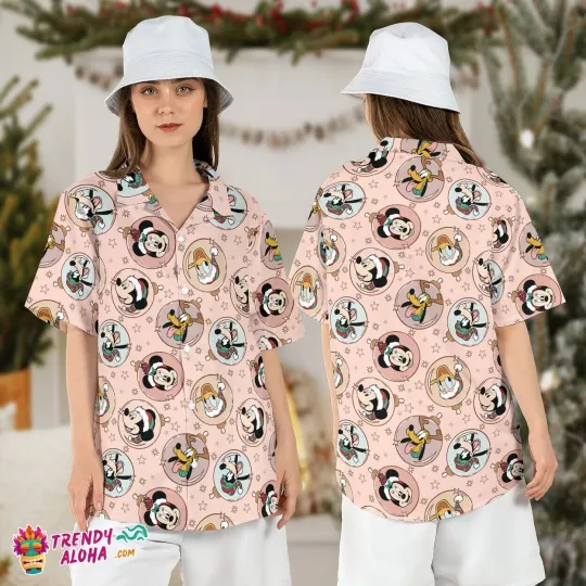 Discover Disney Mickey Friends Pink Christmas Party Aloha Hawaiian Shirt For Family Trip