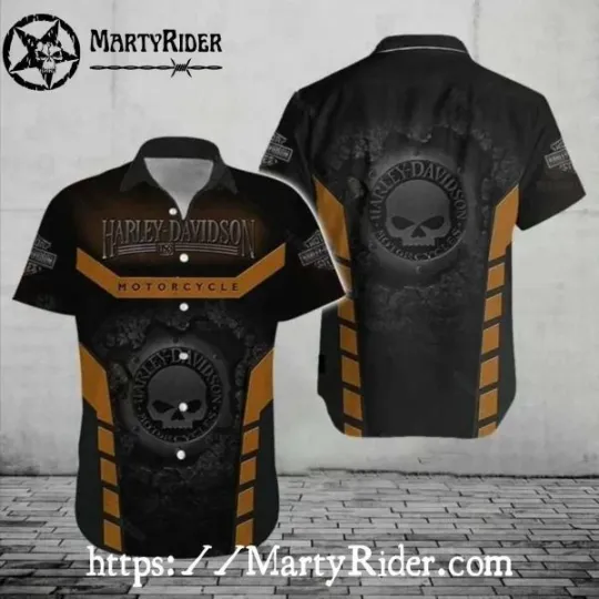 Discover Black And Bronze Skull Badge H davidson Hawaiian Shirt