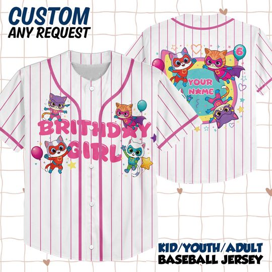 Discover SuperKitties Baseball Jersey Shirt, Custom Name Age Cat Cartoon Birthday Shirt, Personalized Kids Birthday Party Shirt