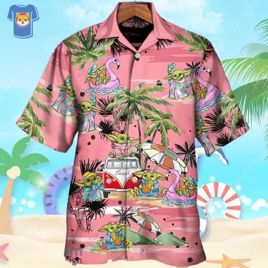 Discover Disney Star Wars Cartoon Baby Yoda Pink Aloha Hawaiian Shirt