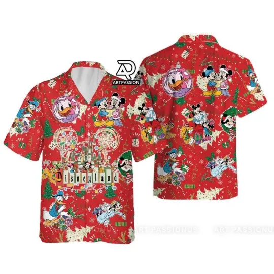 Discover Disney Christmas Mickey Friends Holiday Aloha Hawaiian Shirt