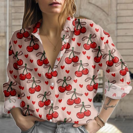 Discover Cherry Hearts Blouse Shirt, Women's Heart Pattern Top, Cute Cherry Button Shirt, Women’s Blouse for Her