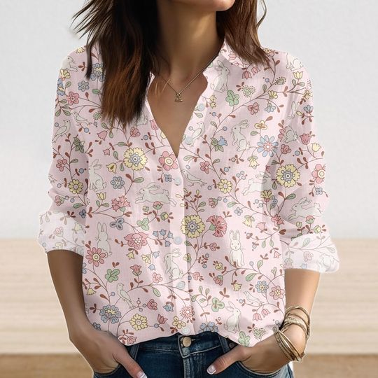 Discover Retro Rabbit Cottagecore Blouse Shirt, Bunny Floral Women Shirt, Spring Garden Linen-Look Shirt, Rabbit Easter Casual Shirt,Top For Her